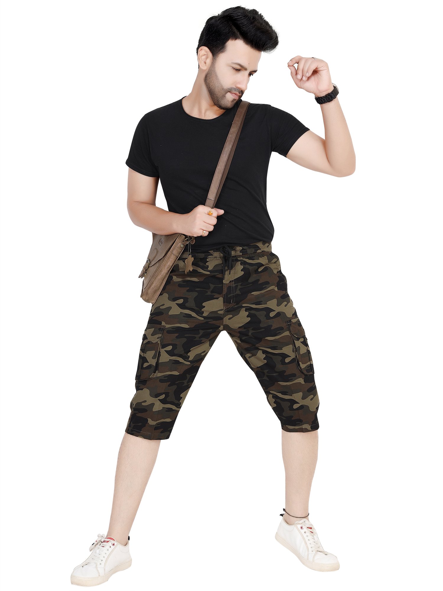  Men's Cotton Camouflage Three Fourth Cargo Shorts, Regular Fit, Multiple Pockets